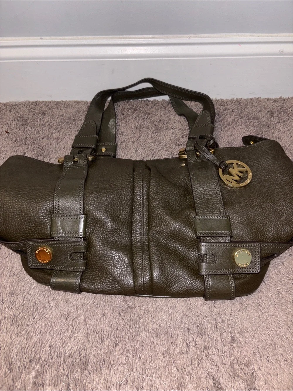 Michael Kors Olive Green Pebbled Leather Duffel with Gold Hardware